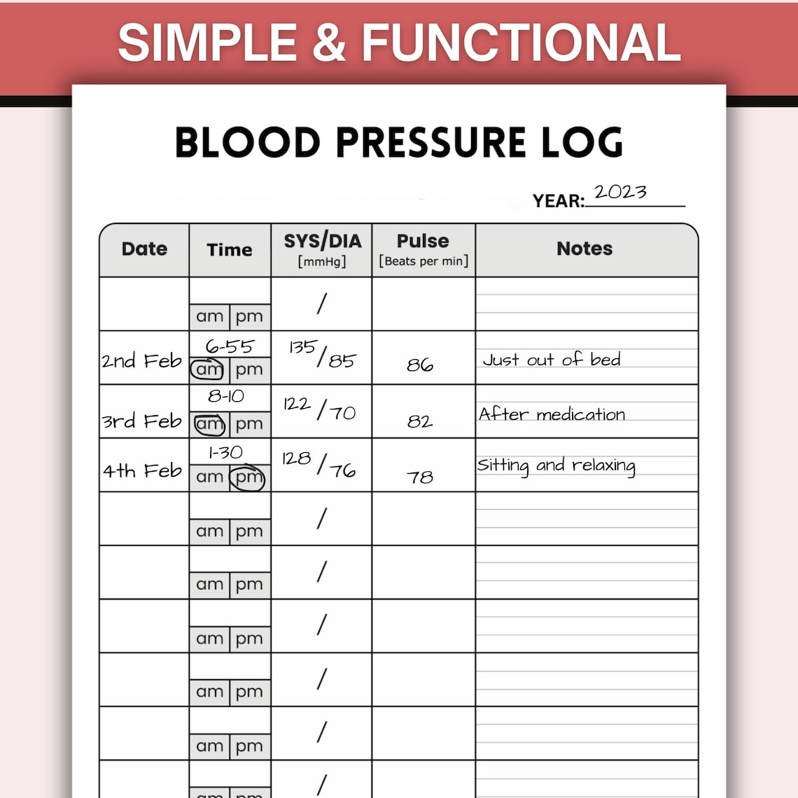 Blood Pressure Log, Blood Pressure Chart to Monitor Your Daily Blood