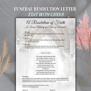 Funeral Resolution Letter for Church or a Memorial Service, Church Funeral Resolution Letter, A Celebration of Life Keepsake, Editable