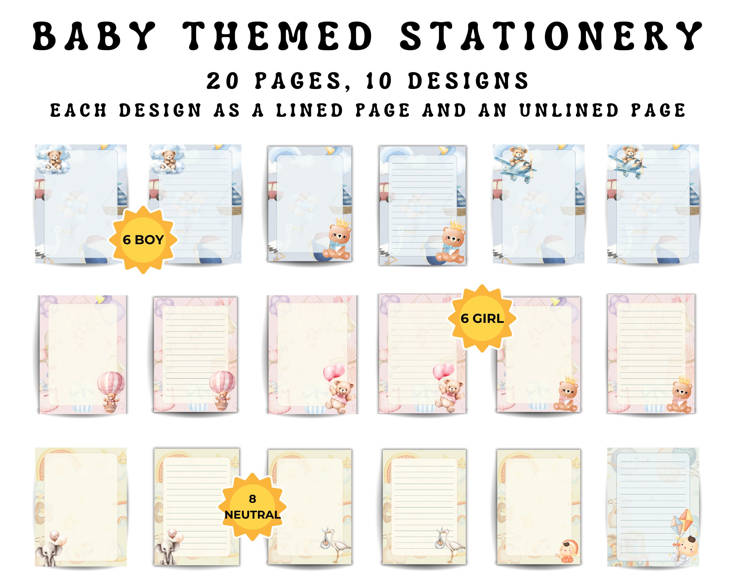 Baby Shower Stationery Set 10 Designs, 20 Pages, Unlined and Lined ...