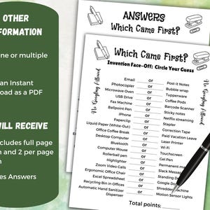 Peut inclure: Une feuille de jeu PDF imprimable intitul&eacute;e "Which Came First ?" avec un stylo noir. Le jeu met les joueurs au d&eacute;fi de deviner quelle invention est apparue en premier. La feuille comprend une liste d'inventions &agrave; comparer. Le PDF comprend des versions pleine page et 2 par page.