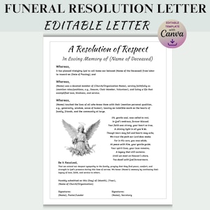 Carta de resolución de funeral editable, para usar en el servicio conmemorativo Carta de respeto con poema fúnebre para un servicio fúnebre, en dos versiones