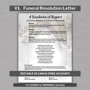 Editable Funeral Resolution Letter for a Funeral Service Church Funeral Poem Included, Use at Memorial Service for Grieving Relatives