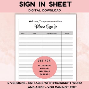 Volunteer Sign Up Sheet use for Visitors, Parents | Welcome Sign In Template, Attendance Sheet, Edit with Microsoft Word, PDF Not Editable