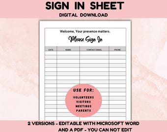 Volunteer Sign Up Sheet use for Visitors, Parents | Welcome Sign In Template, Attendance Sheet, Edit with Microsoft Word, PDF Not Editable