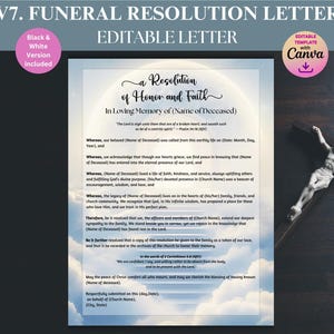 Carta de Resolución de Honor y Fe para un Funeral, Plantilla de Carta Editable para un Servicio Conmemorativo, Programa de Celebración de la Vida para un Funeral