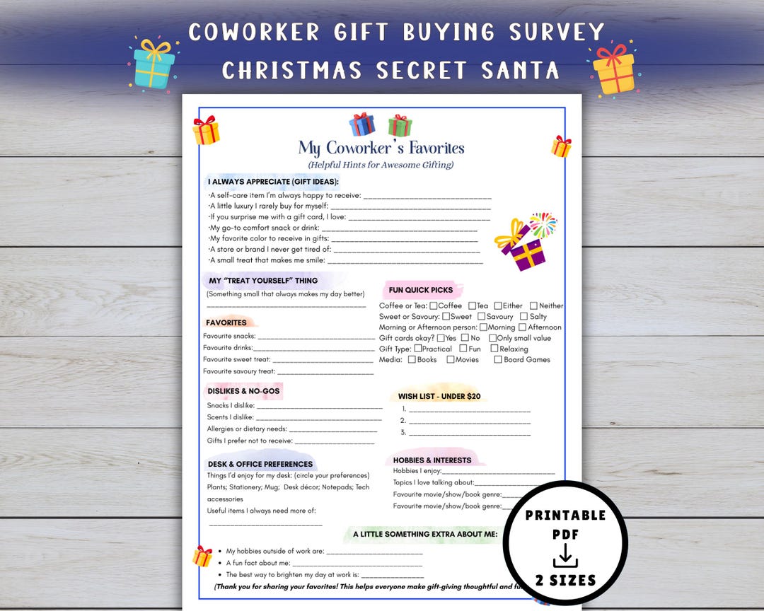 Employee Gift Questionnaire.pdf Coworker Secret Santa Questionnaire, Employee Favorites List, Teacher ...