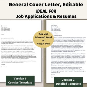 Plantilla de carta de presentación, carta de presentación sencilla, editable con Microsoft Word o Google Docs - Plantilla de solicitud de empleo - Elección de 2 cartas de presentación