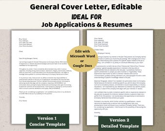 Cover Letter Template, Simple Cover Letter, Edit with Microsoft Word or Google Docs - Job Application Template - Choice of 2 Cover Letters