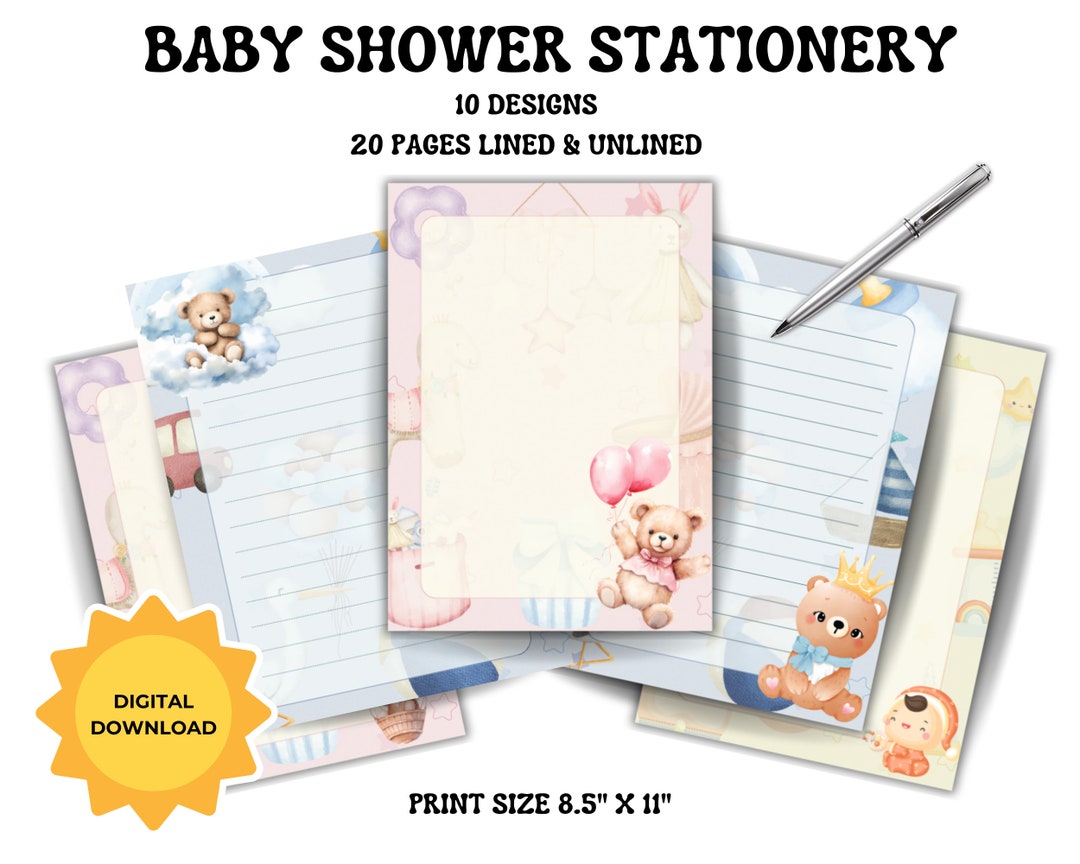 Baby Shower Stationery Set 10 Designs, 20 Pages, Unlined and Lined ...