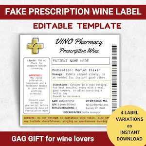 Weinetikett Gag Geschenk, bearbeitbare Weinflasche Etikett Vorlage, druckbares Champagner Etikett als falsches Weinrezept, lustiges Geschenk für Weinliebhaber