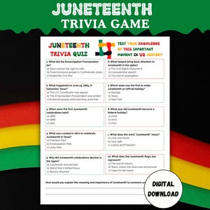 May include: A Juneteenth trivia game quiz with multiple-choice questions. The game features a colorful design with the words "Juneteenth Trivia Game" at the top. The quiz covers historical facts about Juneteenth.