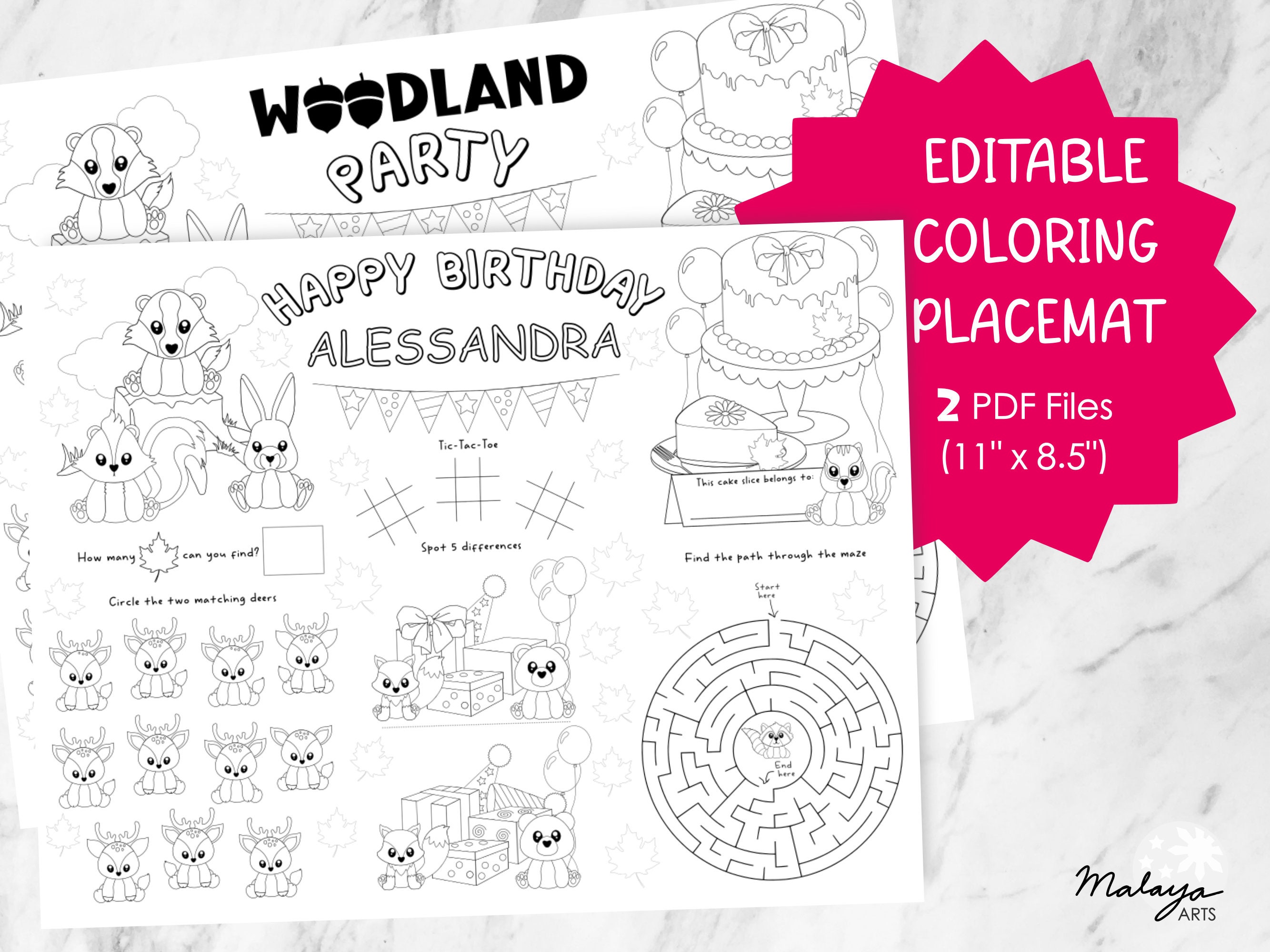 Editable Birthday Coloring Placemat (woodland Themed) - Printable PDF ...