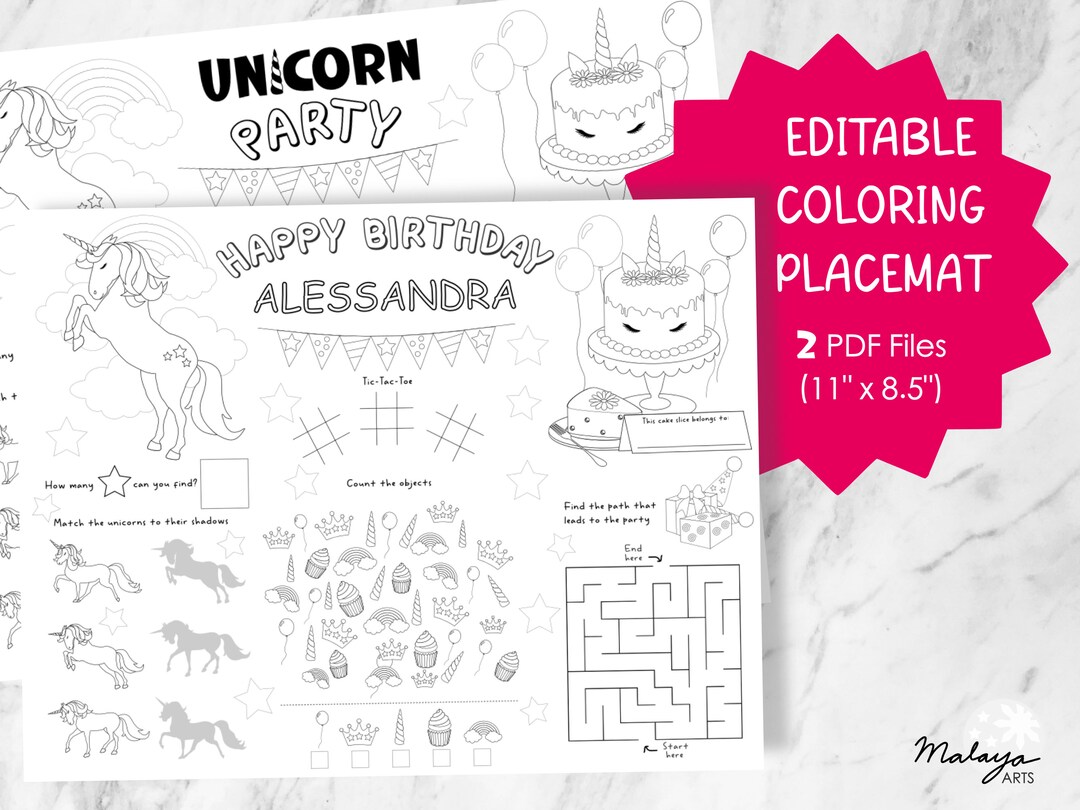 Editable Birthday Coloring Placemat (unicorn Themed) - Printable PDF - Etsy