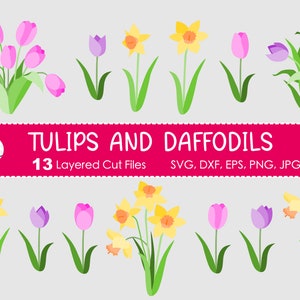 May include: A digital download of 13 layered cut files featuring illustrations of tulips and daffodils in various colors. The text "TULIPS AND DAFFODILS" and "13 Layered Cut Files" is displayed on a pink banner. The text "SVG, DXF, EPS, PNG, JPG, PDF" is displayed below the banner.
