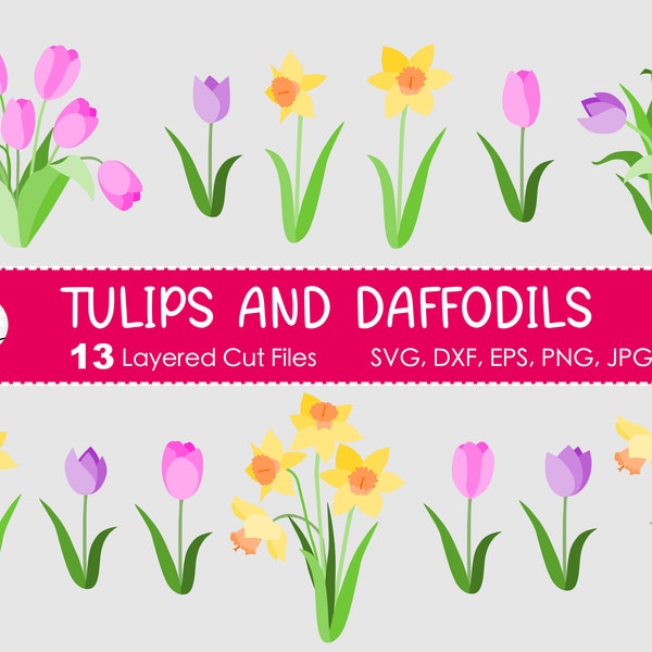 13 Tulips and Daffodils SVG Bundle - Clipart, Layered Cut Files