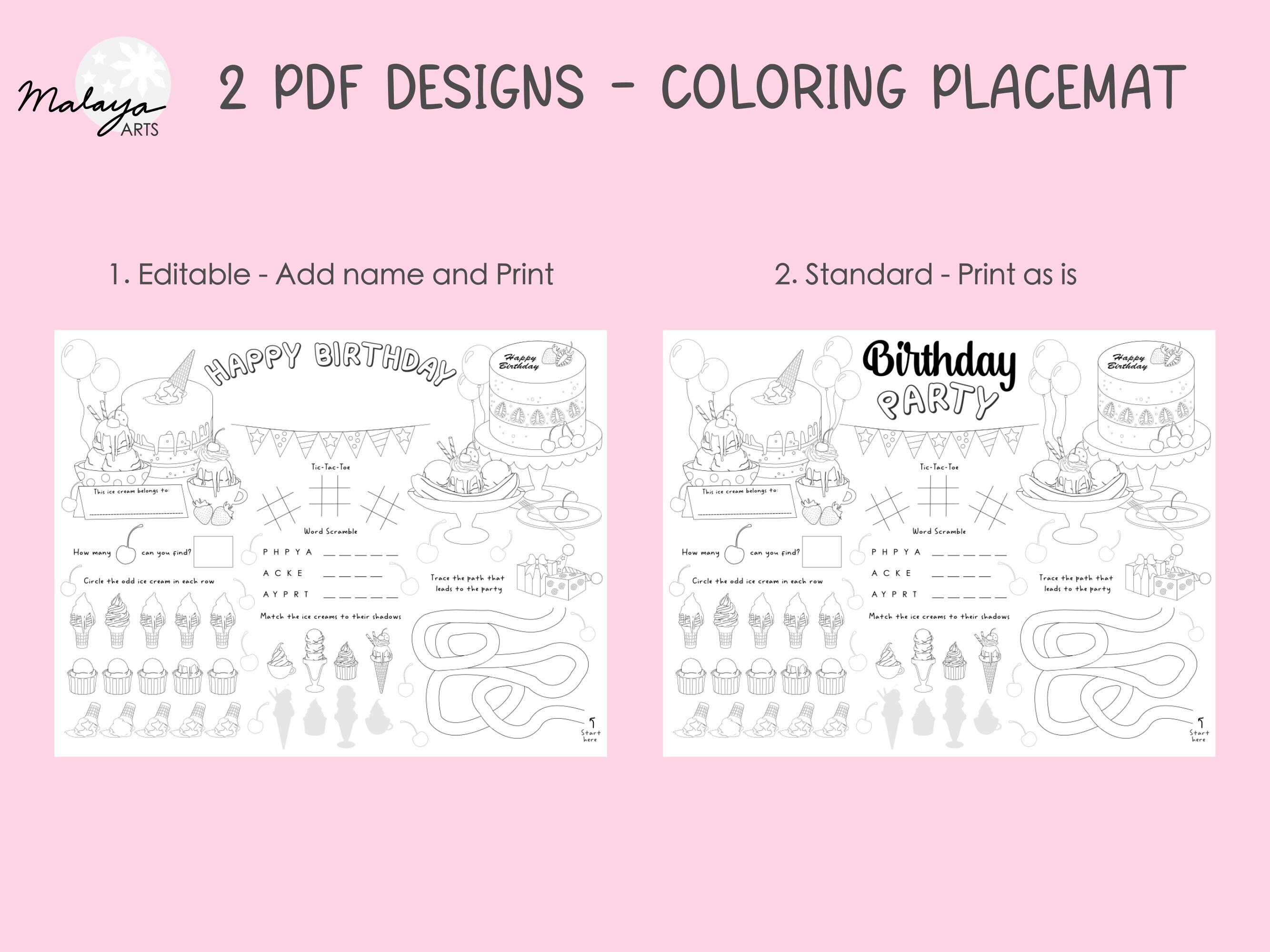 Editable Birthday Coloring Placemat (ice Cream Themed) - Printable PDF ...