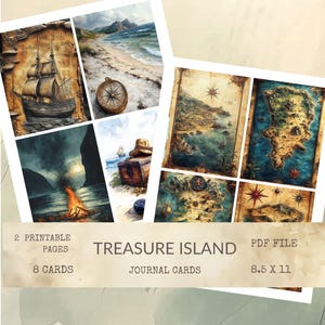 Schede di diario Treasure Island 8 Schede di diario digitali Junk, carta stampabile, due fogli stampabili 8,5x11, materiale effimero per diario digitale