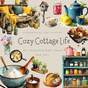 Cozy Cottage Life Clipart Bundle 26 Transparent PNGs Rustic Farmhouse Kitchen, Baking, Tea, Garden Commercial Use 300 DPI Instant Download