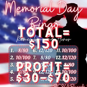 Tablero de bingo PYP, bingo descargable, con ganancias, Memorial Day, 8, 10, 12