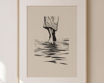 Jesus Walking on Water Wall Art Sketch Illustration, PRINTABLE, New Testament Bible Scriptural Art, Digital Download, Christian Home Decor
