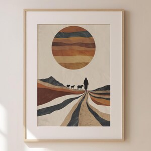 Puede incluir: Una impresión de arte abstracto minimalista con la silueta de una persona caminando con ovejas en un paisaje con un gran círculo naranja y marrón en el fondo.