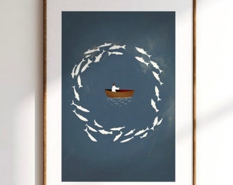 Jesus and the Miraculous Catch of Fish, Christian Modern Art, Bible Sketches, Jesus Art, Bible Wall Art, Christian Home Decor Printable