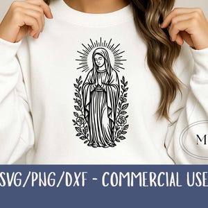 Maagd Maria SVG, biddende moeder van Jezus clipart, zwart-wit silhouet christelijk ambachtelijk bestand voor Cricut, kerkprojecten, lasergravure