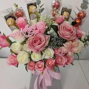 Chocolate Bouquet Mother&#39;s Day Ferrero Rocher & Lindt Lindor Pink Stunning Silk Flowers Bouquet Gift