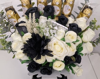 Personalised Ferrero Rocher Black & Cream Stunning Silk Flowers Bouquet Gift