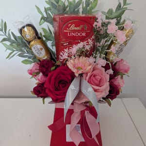 Chocolate Bouquet Red & Pink Lindt And Ferrero Stunning Silk Flowers Bouquet Gift