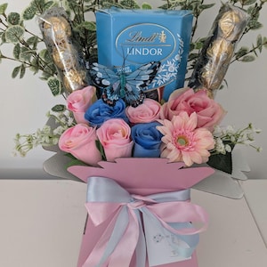 Chocolate Bouquet Blue & Pink Lindt And Ferrero Stunning Silk Flowers Bouquet Gift