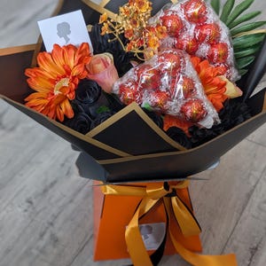 Chocolate Bouquet Handtied Orange Lindt Lindor Orange/Black Silk Flowers Bouquet Gift