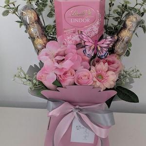 Chocolate Bouquet Pink & Cream Lindt And Ferrero Stunning Silk Flowers Bouquet Gift