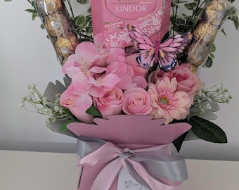 Chocolate Bouquet Pink & Cream Lindt And Ferrero Stunning Silk Flowers Bouquet Gift