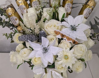 Ferrero Rocher personnalisé hiver blanc et argent superbe cadeau de bouquet de fleurs en soie