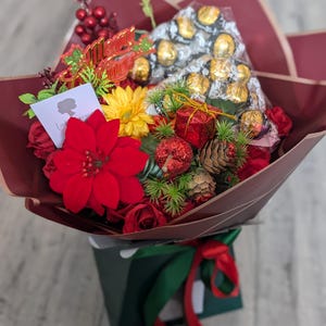 Chocolate Bouquet Christmas Handtied Dark Lindt Red/Green Silk Flowers Bouquet Gift