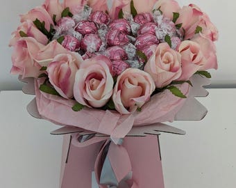 Chocolate Bouquet Pink Heart S&C Lindt Stunning Silk Flowers Gift