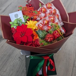 Chocolate Bouquet Handtied Christmas Lindt Lindor Red/Green Silk Flowers Bouquet Gift