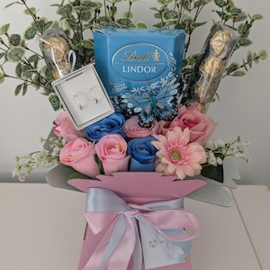 Chocolate Bouquet Blue & Pink Earrings Lindt And Ferrero Stunning Silk Flowers Bouquet Gift