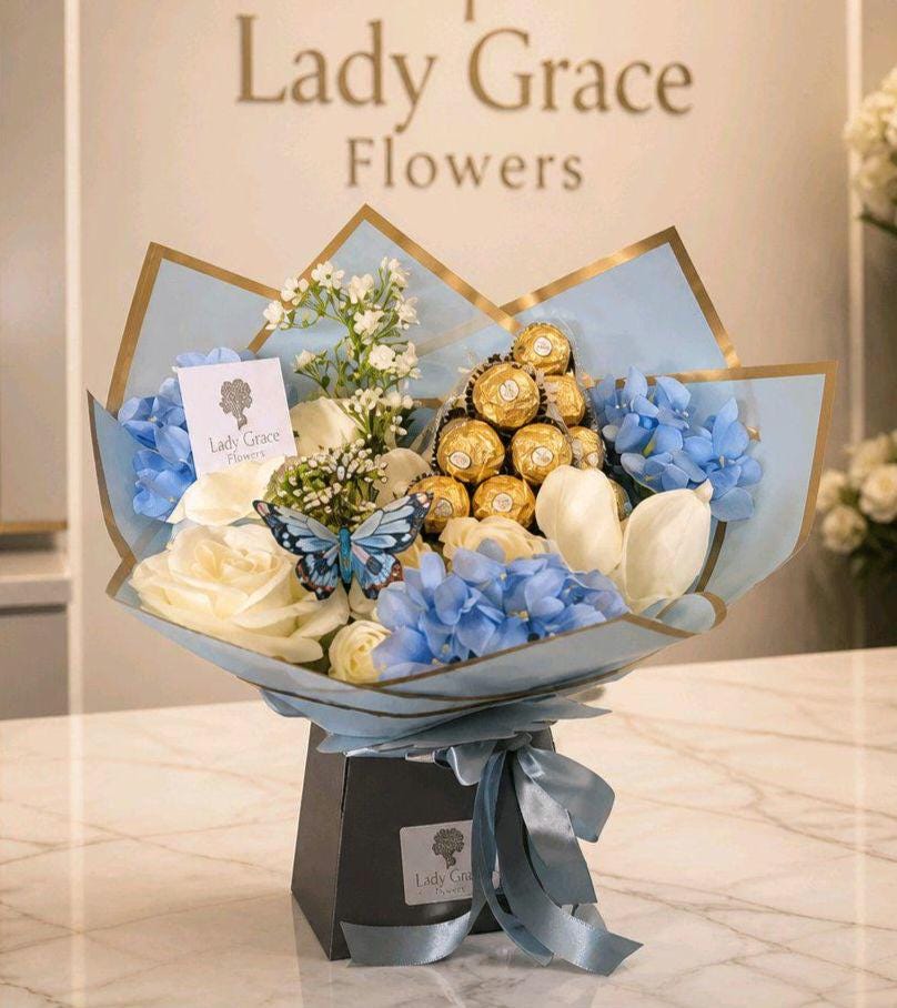 Chocolate Bouquet Handtied Ferrero Rocher Blue Silk Flowers Bouquet Gift