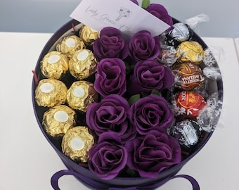 Purple Ferreros & Mixed Lindt Silk Flowers Hat Box Gift