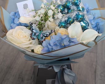 Chocolate Bouquet Handtied Salted Caramel Lindt Lindor Blue Silk Flowers Bouquet Gift