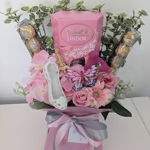 Emily in Paris Themed Chocolate Bouquet Pink & Cream Lindt And Ferrero Stunning Silk Flowers Bouquet Gift