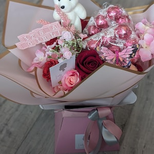 Chocolate Bouquet Handtied Baby Girl S&C Lindt Pink Silk Flowers Bouquet Gift