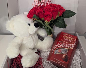 Valentine's Gift Hamper Teddy & Lindt Silk Flowers Bouquet Hamper