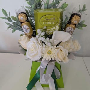 Chocolate Bouquet Lindt Green & Cream Pistachio Lindt And Ferrero Stunning Silk Flowers Bouquet Gift