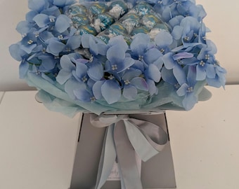 Chocolate Bouquet Heart Blue Salted Caramel Lindt Lindor Hydrangea Silk Flowers Gift