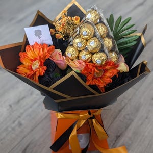 Chocolate Bouquet Handtied Ferrero Rocher Orange/Black Silk Flowers Bouquet Gift