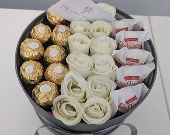 Silver Cream Ferreros & Rafaello Silk Flowers Hat Box Gift