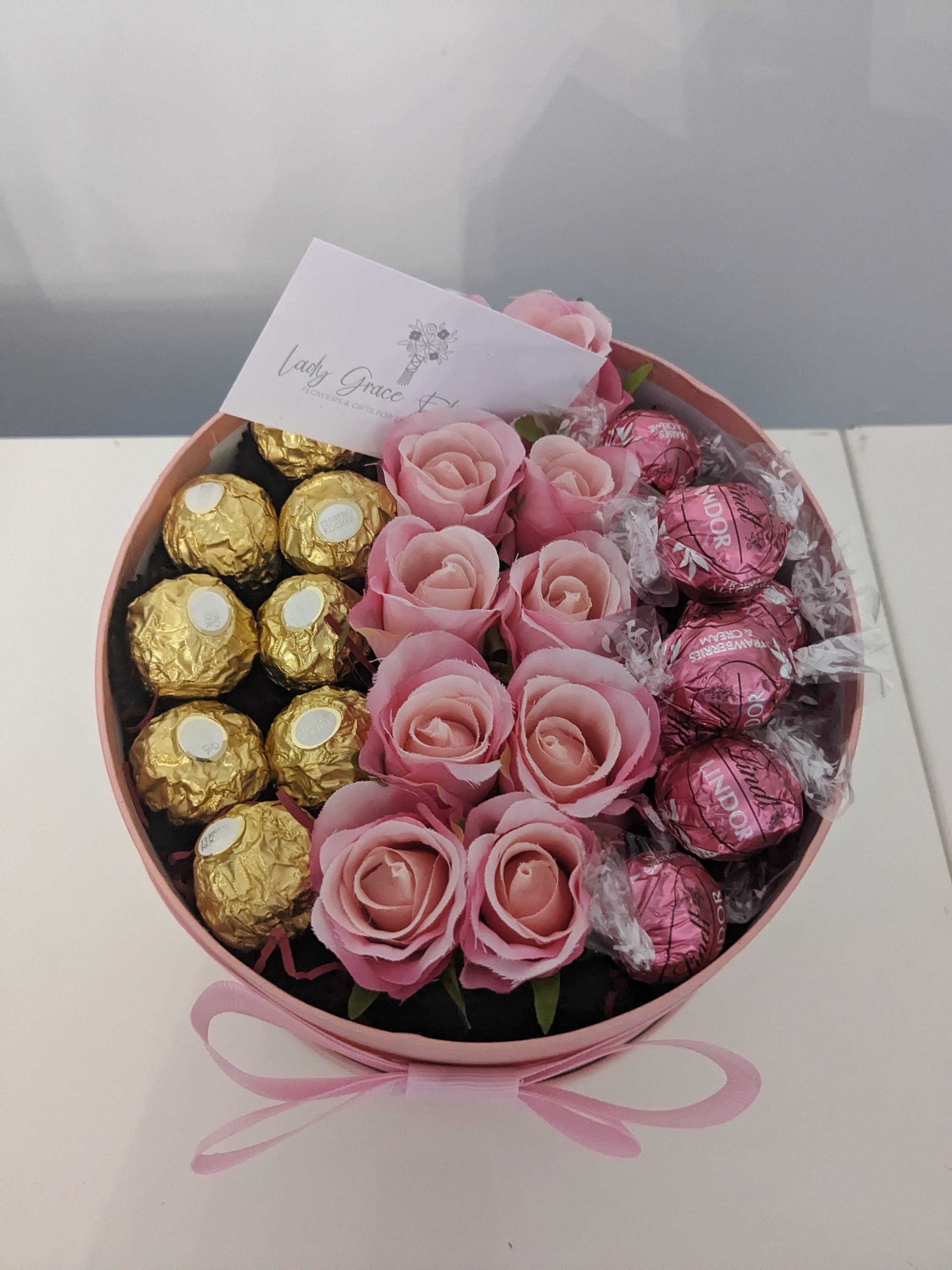 Pink Ferrero Rocher & Lindt Lindor Silk Flowers Hat Box Gift